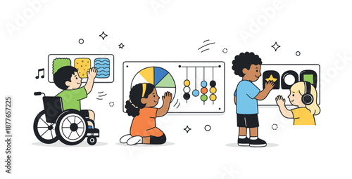 Sensory Playground Exploration. Inclusive playground sensory play. Children engaging with tactile panels and simple interactive elements. Curiosity, comfort