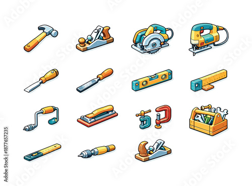 Colorful Carpentry Icons. Carpentry tools. Colorful isometric vector icons set of carpentry tools: hammer, hand plane, circular saw, jigsaw, chisel, rasp,