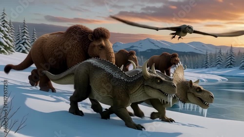 Herd of woolly mammoths and horned dinosaurs walk through deep snow along frozen river bank while large pterodactyl flies overhead during vibrant winter sunset in prehistoric mountain wilderness