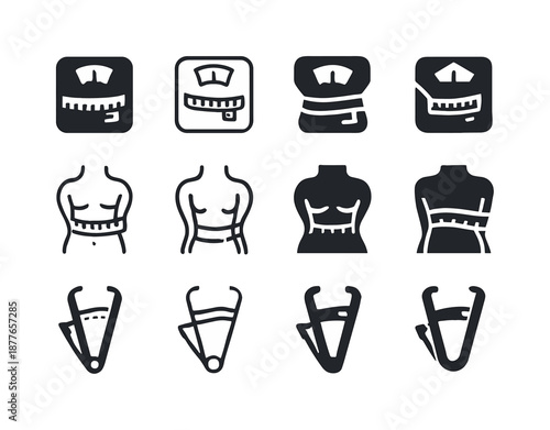 Fitness Logo Icons. Fitness assessments and body measurements. Icon set. Set Logo of fitness assessments and body measurements: body scale. harmonious logo
