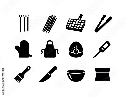 Shrimp Skewering Essentials. Shrimp skewer tools. Solid icon set of shrimp skewer tools: metal skewers, wooden skewers, grill basket, tongs, heat glove, apron,