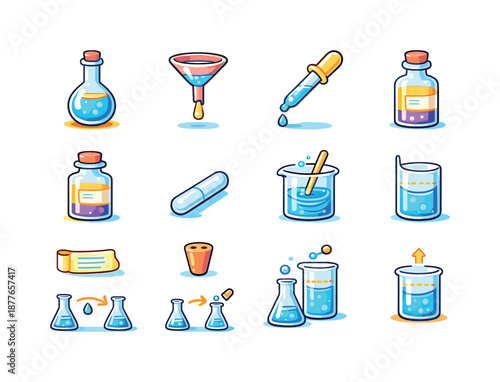 Solution Preparation Icons. Solution Preparation. Colorful flat vector icons set of Solution Preparation: volumetric flask, funnel, pipette drop, reagent