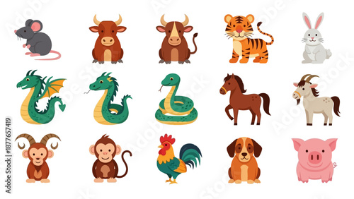 Cartoon Illustrations of the Twelve Chinese Zodiac Animals in Vibrant Style.