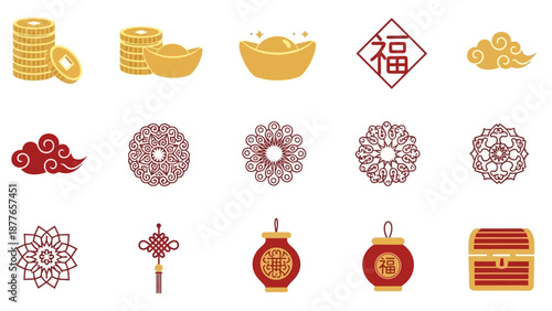 Festive Chinese New Year Icons Featuring Gold Coins, Red Lanterns, and Prosperity Symbols.