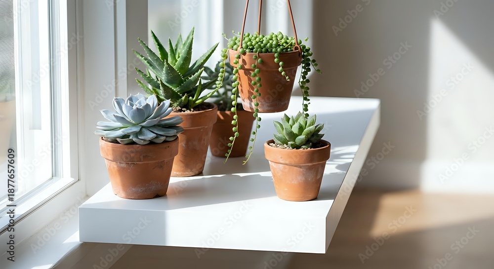 Fototapeta premium Small succulent plants in terracotta pots arranged on white windowsill with natural sunlight creating shadows for home decor and gardening concepts.