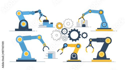 Industrial robots working with gears and machinery in modern factory setting