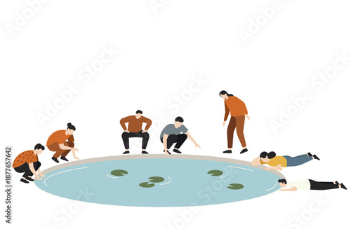 池の水面を覗き込む人々と好奇心や観察をイメージしたフラットデザイン素材