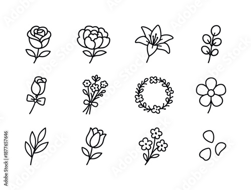 Elegant Wedding Flowers Icons. Wedding flowers. Line icon set of Wedding flowers: rose, peony, lily, eucalyptus branch, boutonniere flower, bouquet stem,