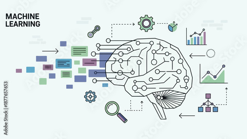 Machine learning concept with brain and data flow illustration
