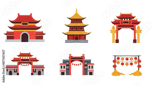 Collection of Traditional Chinese Pagodas Temples Gates and Lantern Icons.
