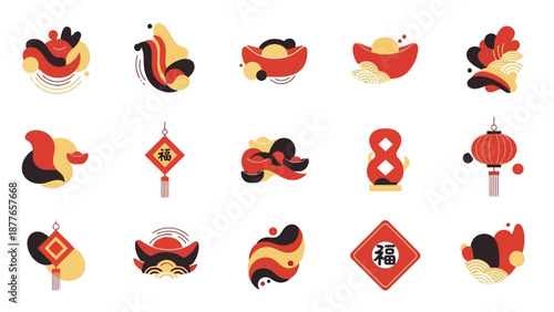 Chinese New Year Icons Set Featuring Lanterns Dragons and Traditional Symbols.
