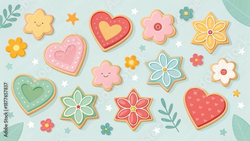 Assorted heart flower and star shaped cookies with icing
