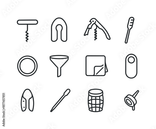 Wine Tools Icons. Wine tools. Line icon set of Wine tools: stainless corkscrew, bottle cutter, wine key, decanter brush, drip stopper, funnel, glass polishing