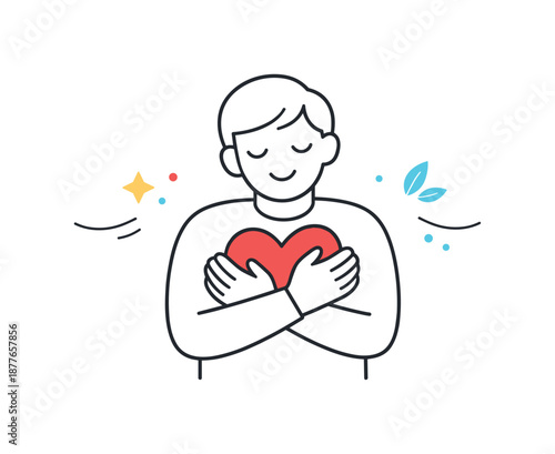 Compassionate Heart Embrace. Wellbeing and compassion. Person holding a heart symbol close, expressing self-care and emotional balance. Calm, reassuring tone
