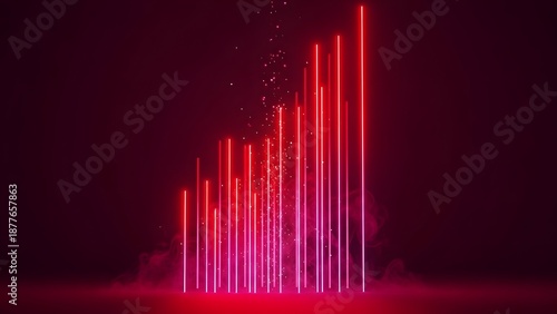 Vertical red and pink neon light bars with sparkling particles rise from a smoky surface against a dark background, creating a vibrant abstract display.