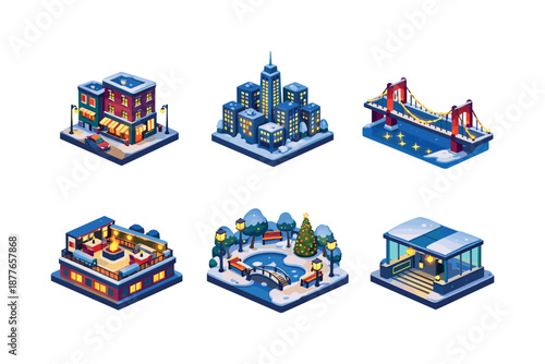 Winter Urban Night Grid. Urban night winter. Isometric flat vector icons set of Urban night winter: downtown street corner, glowing skyline block, winter night