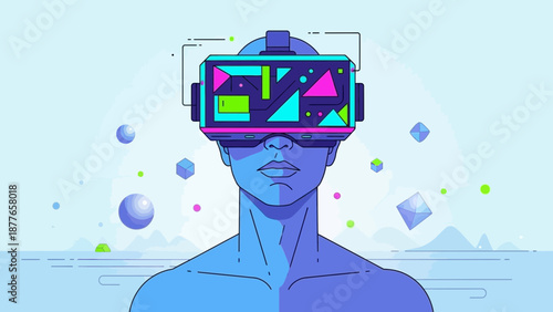 Person wearing futuristic virtual reality headset in vibrant digital environment