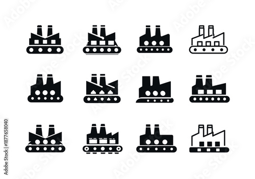 Factory Logo Variations. Factory. Icon set. Set Logo of factory: conveyor belt. harmonious logo variations of the same emblematic concept, each with different