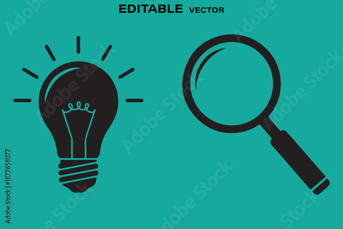Creative idea and research concept with light bulb and magnifying glass