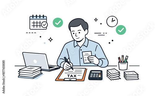 Organized Tax Preparation. Tax season preparation. Accountant calmly reviewing documents and receipts at a desk with a laptop, organizing paperwork before the