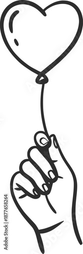 Hand Holding Heart Balloon Line Art Illustration.
