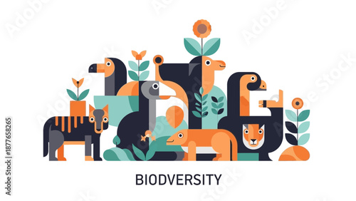 Vibrant illustration of diverse animals and plants promoting biodiversity