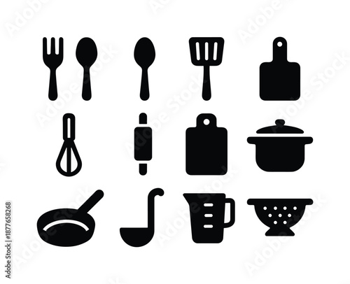 Kitchen Utensils Icons. Kitchen items. Solid icon set of Kitchen items: fork, spoon, knife, spatula, whisk, rolling pin, cutting board, pot, pan, ladle,