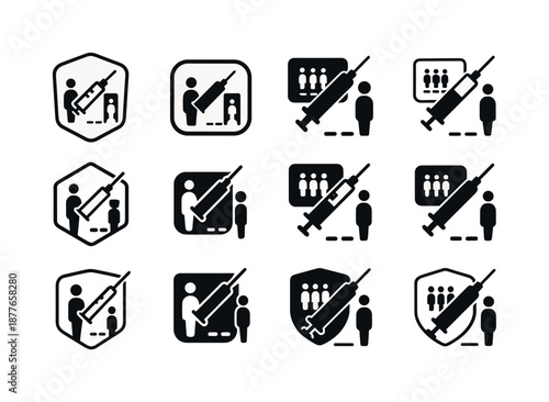 Vaccination Logos Grid. Vaccination site with signs. Icon set. Set Logo of vaccination site with signs: queue guidance sign. harmonious logo variations of the