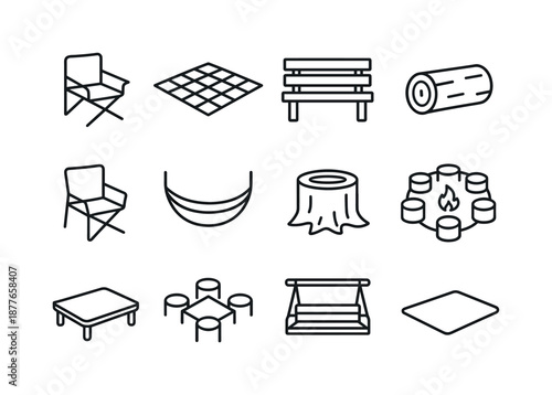 Outdoor Seating Icons. Bonfires and outdoor gatherings. Line icon set of gathering seating: camping chair, picnic blanket, wooden bench, log seat, folding
