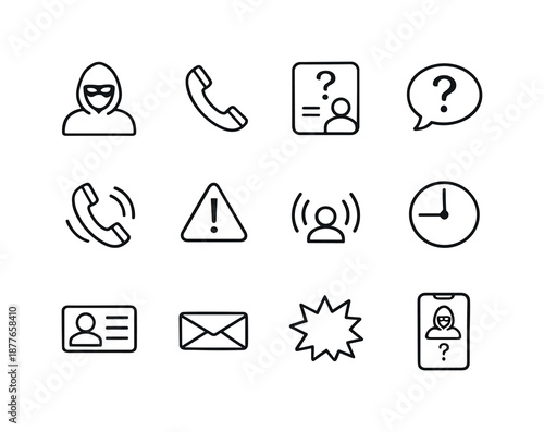Mystery Caller Icons. Mystery caller. Line icon set of mystery caller: masked silhouette, phone receiver, unknown ID icon, question bubble, vibration lines,