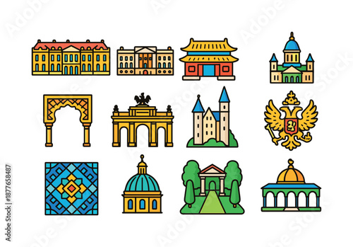 Isometric Historic Palaces. Historic palaces. Colorful isometric vector icons set of historic palaces: Versailles palace, Buckingham Palace, Forbidden City