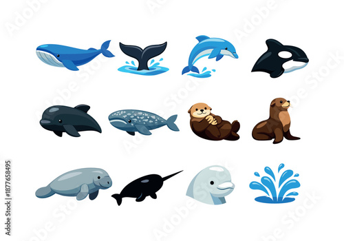Ocean Mammal Icons. ocean mammals. Colorful flat vector icons set of ocean mammals: blue whale, humpback fluke, dolphin jump, orca head shape, pilot whale,