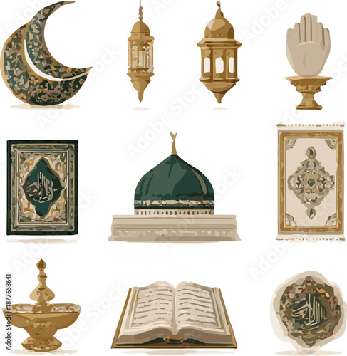 Isolated a kinds of deferent Muslim Islamic  elements vector art with white background.