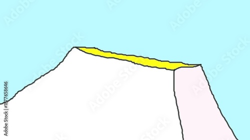 An incomprehensible mountain or upward-facing, tapering structure contracts or squats, emitting a beam of light.