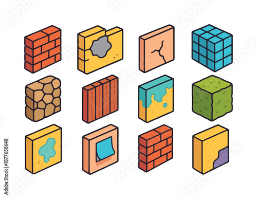 Colorful Wall Textures. Wall textures. Colorful isometric vector icons set of wall textures: brick pattern, cement patch, plaster crack, tile grout, stone
