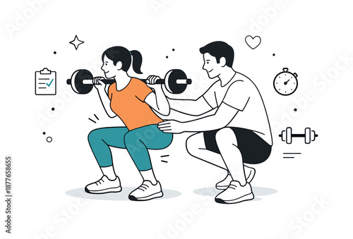 Trainer Correction Focus. Personal trainer correction. Trainer gently adjusting posture while client performs an exercise. Careful attention to form and