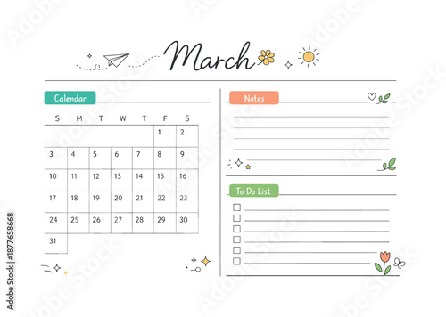 March Planner Template. Planner templates for March. A complete March planner overview combining calendar, notes, and task sections in one clean layout,