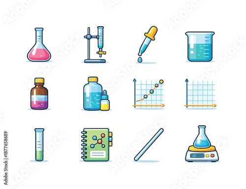 Analytical Chemistry Icons. Analytical Chemistry. Colorful flat vector icons set of Analytical Chemistry: volumetric flask, burette, pipette, beaker, reagent