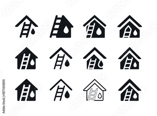 Roof Repair Icons. Fixing roof leaks. Icon set. Set Logo of Fixing roof leaks: Ladder: Negative space, Flat solid, Abstract geometric, Filled silhouette,
