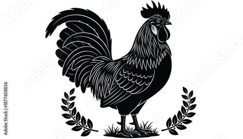 Rooster Silhouette Vector with Laurel Branches and Grunge Flair