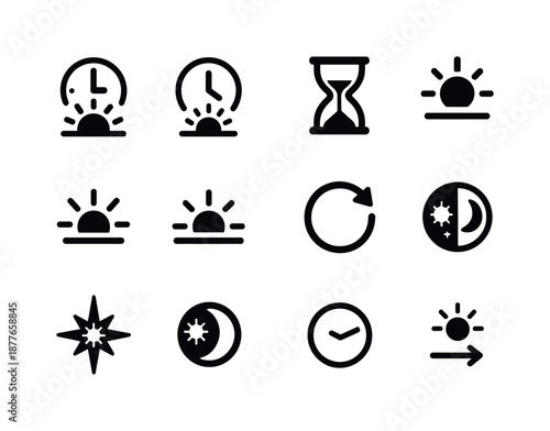 Time Icons Grid. Sunrise and sunset. Solid icon set of time indicators: sunrise clock, sunset clock, hourglass, zenith marker, dawn indicator, dusk indicator,