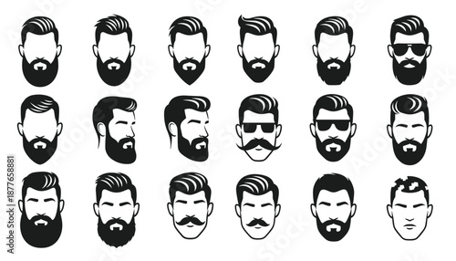 Vector Grid of Male Hairstyles and Beard Styles in Black and White 