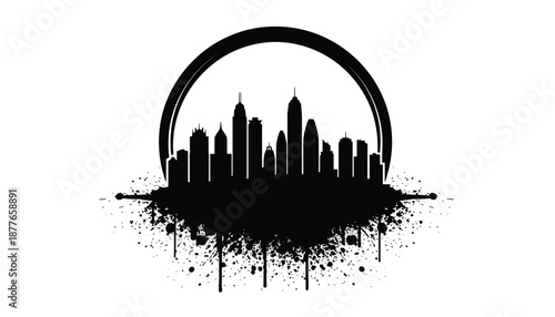 Urban Skyline Vector with Grunge Paint Splash and Rising Sun Arc