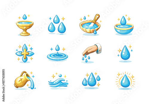 Holy Water Icons. Holy water. Colorful flat vector icons set of holy water: holy water font, water droplets, shell dip, small water bowl, cross-water symbol,