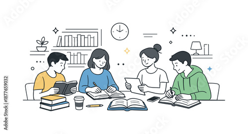 Library Study Group. Library study group. Students sitting around a table in a quiet library sharing books and notes, calm concentration and focused group