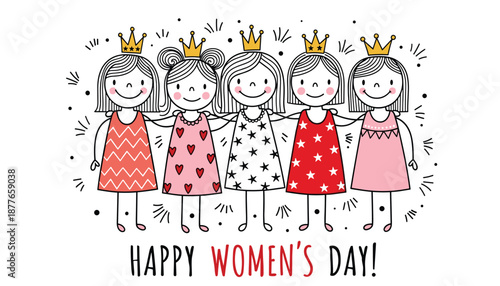 Happy Women's Day Vector with Five Empowered Cartoon Girls 
