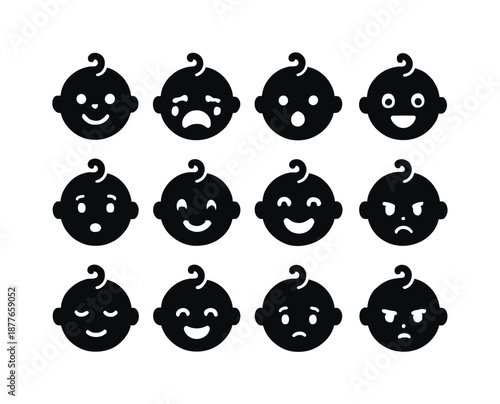 Infant Emotion Icons. Infant emotions. Solid icon set of infant emotions: smiling baby, crying face, sleepy baby, excited face, curious look, surprised