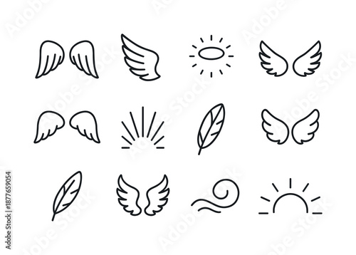 Angel Wings Icons. Angel wings. Line icon set of angel wings: folded wings, upward wing curve, layered feathers, halo with rays, wing arc shape, light-beam
