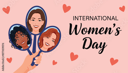 International Women's Day celebration vector with diverse female faces in hand-held mirrors 