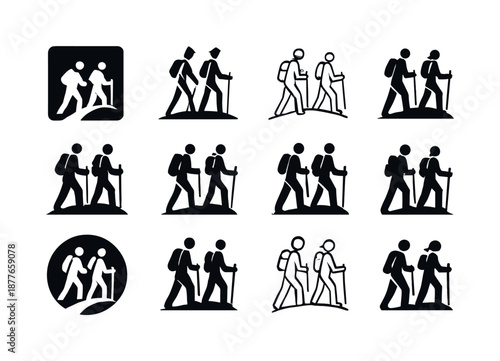 Family Hiking Icons. family hiking together. Icon set. Set Logo of family hiking together: family walking trail path. harmonious logo variations of the same
